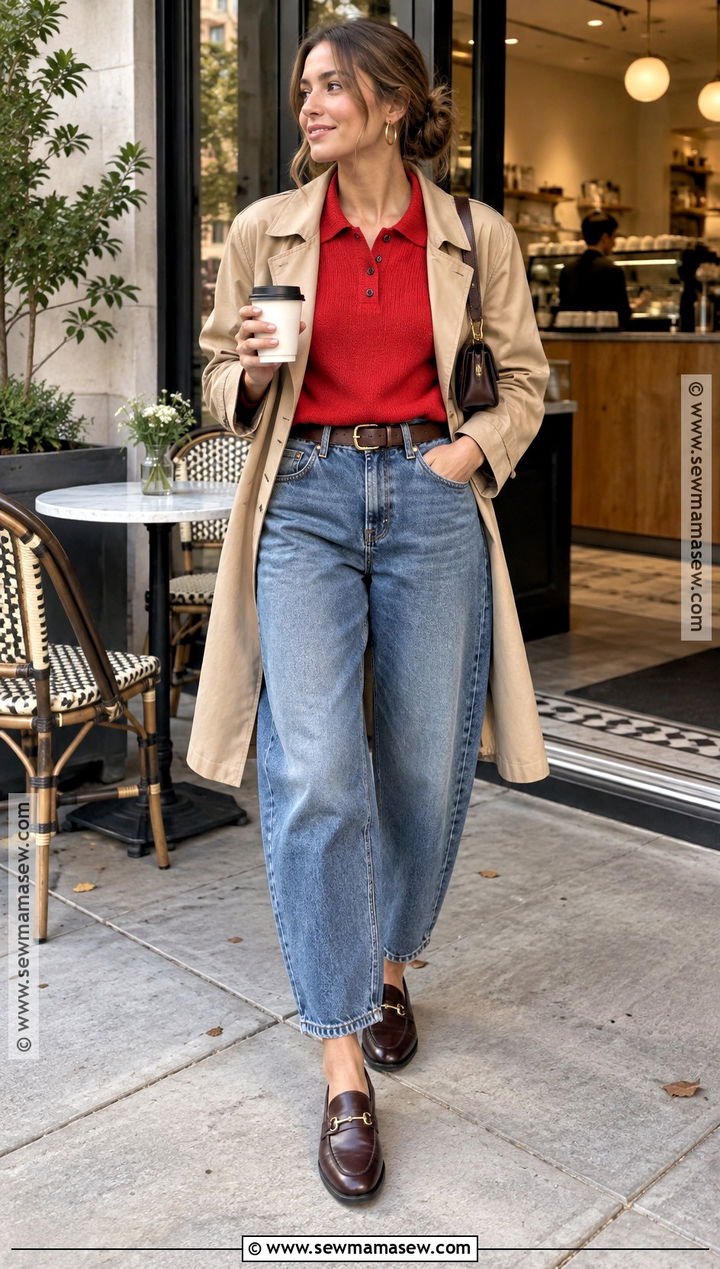 Red Polo Sweater With Barrel Leg Jeans - 15 cozy red sweater fall style ideas