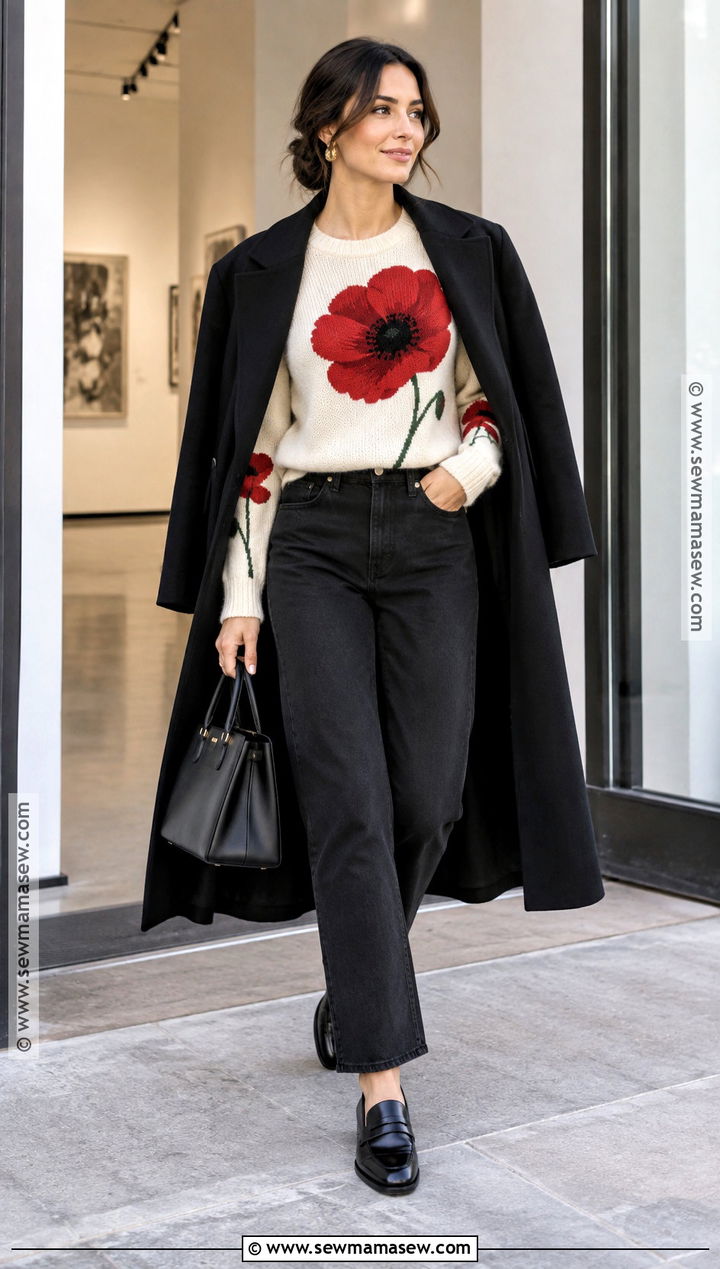 Red Poppy Floral Sweater Outfit - 15 autumn floral sweater design ideas