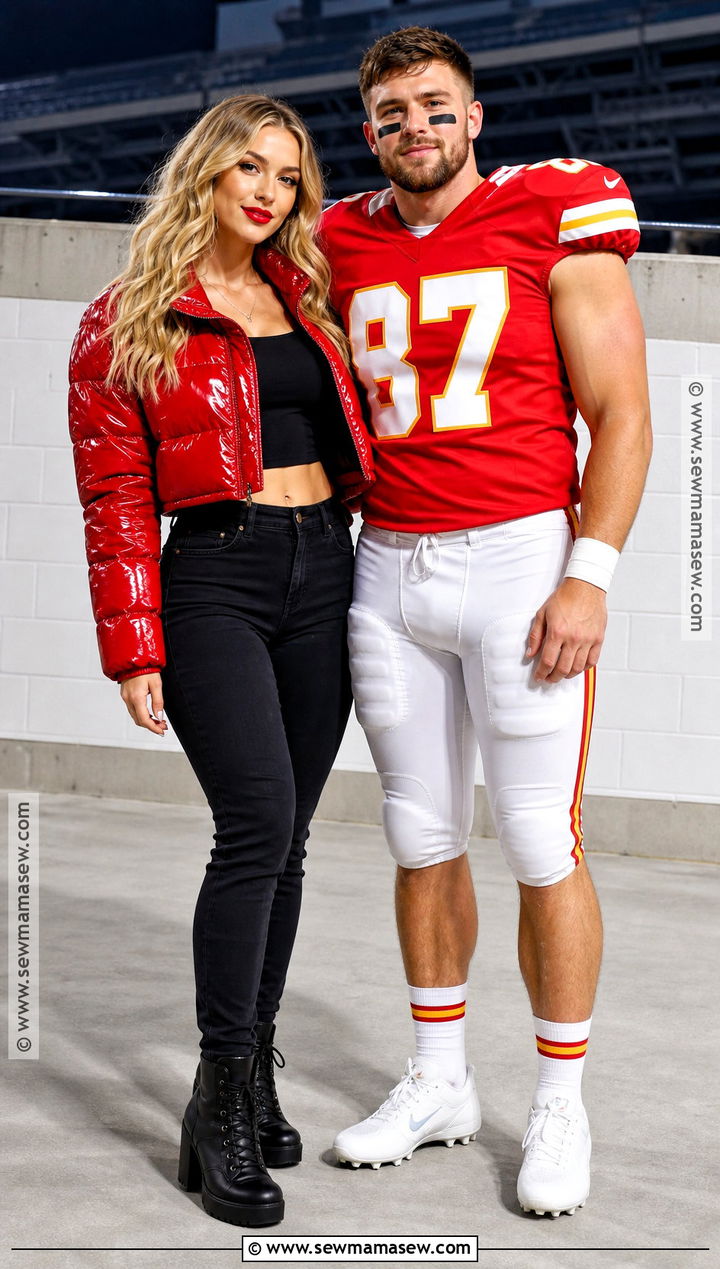 Red Puffer Jacket Taylor And Travis Jersey Costume - 30 taylor swift and travis kelce costume ideas