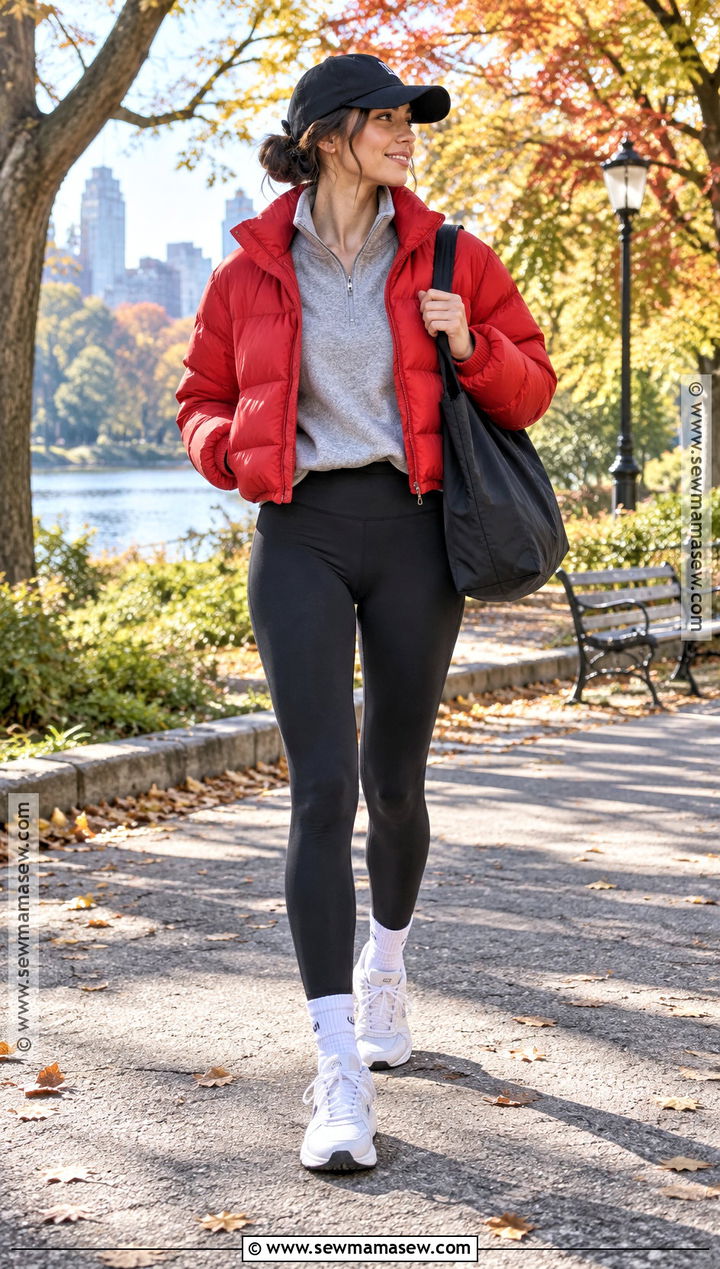 Red Puffer Jacket With Leggings And Sneakers - 15 red fall jacket ideas