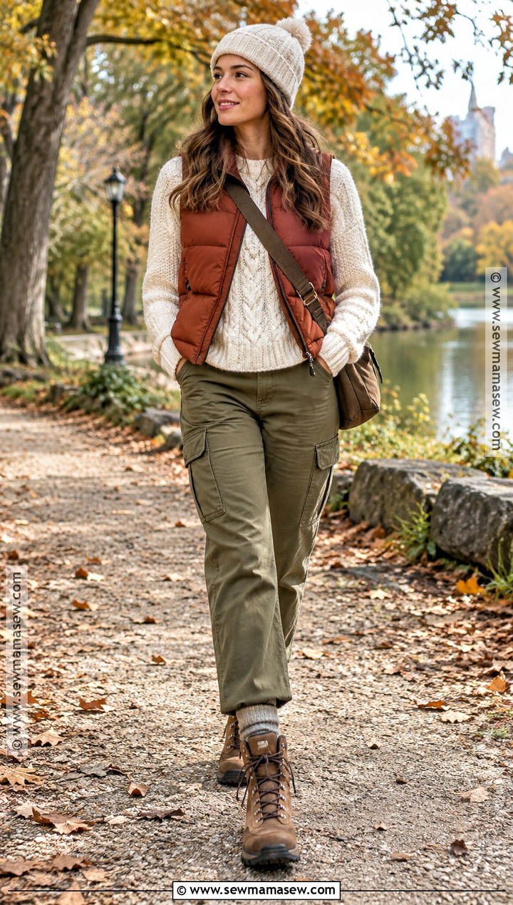 Red Puffer Vest And Cargo Pants Outfit - 15 autumn red outfit ideas