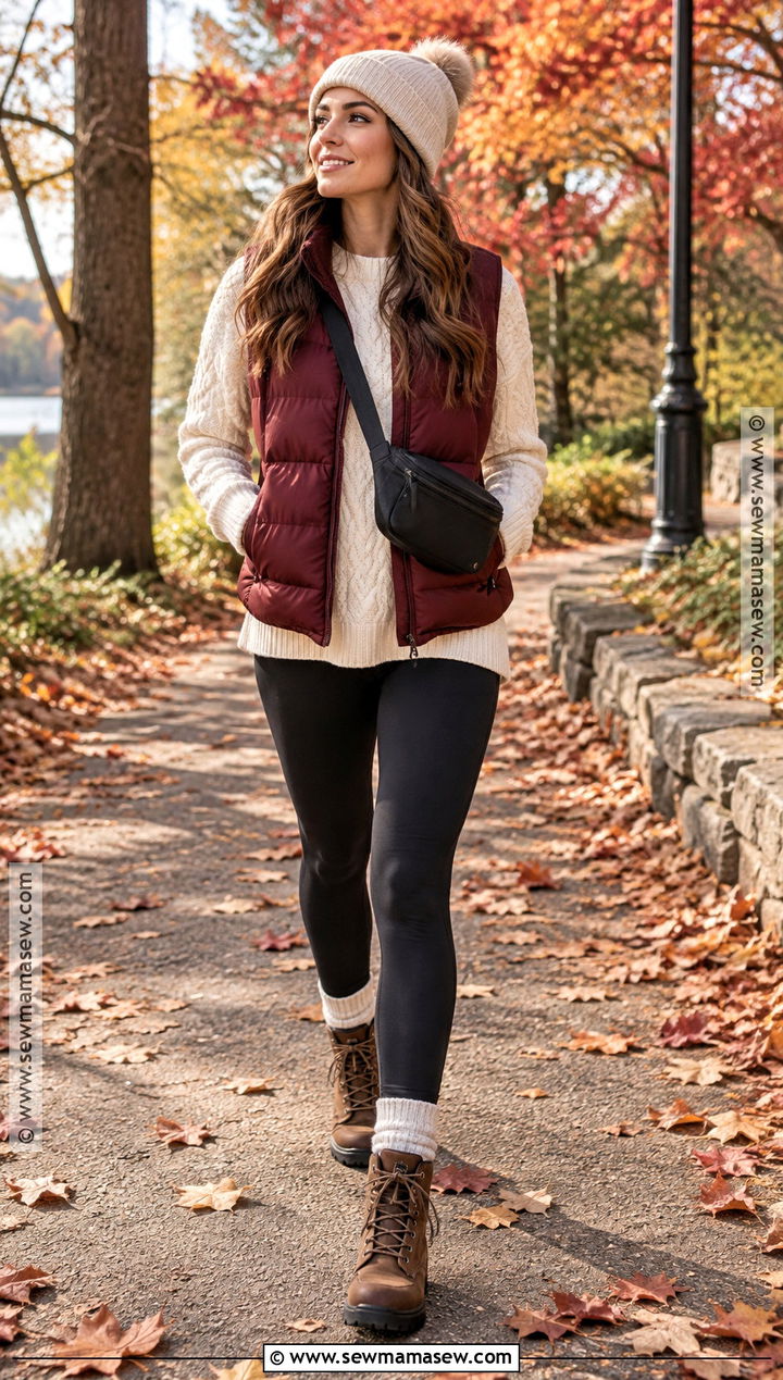 Red Puffer Vest And Leggings Autumn Outfit - 20 red autumn outfits