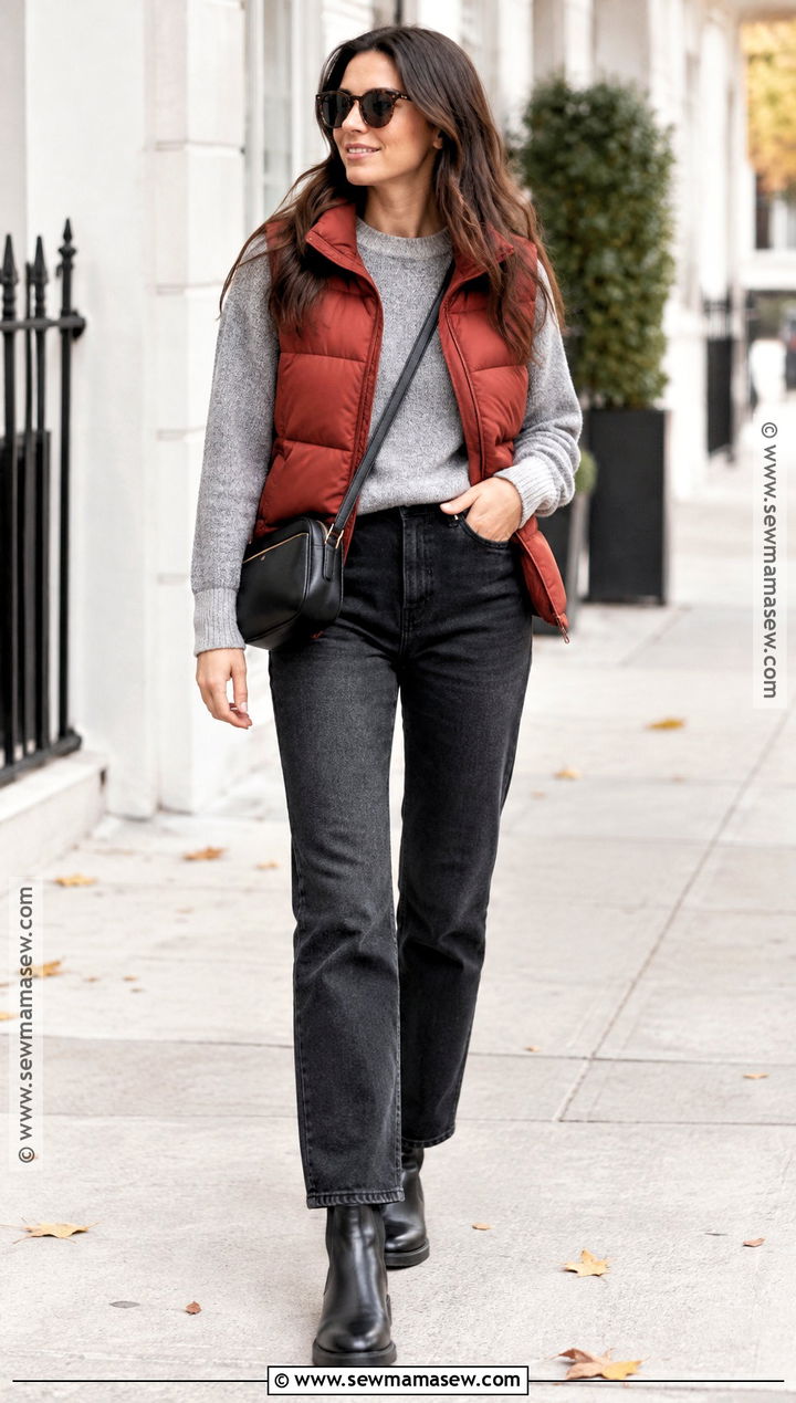 Red Puffer Vest With Gray Sweater And Black Jeans - 15 autumn puffer vest ideas