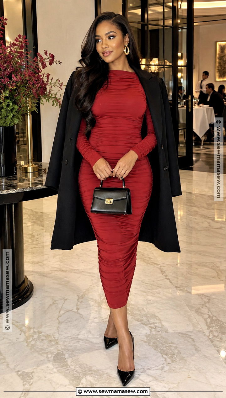 Red Ruched Midi Dress With Black Accessories - 20 november birthday dress ideas
