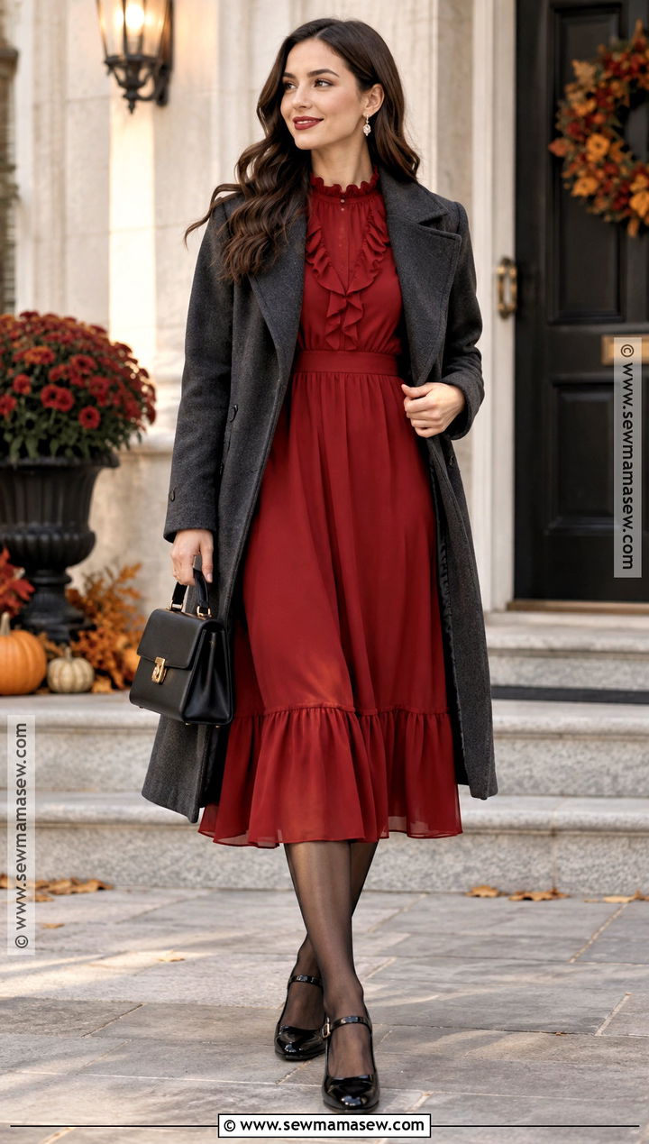Red Ruffle Fall Dress Outfit With Mary Jane Shoes - 20 cute fall dress outfits