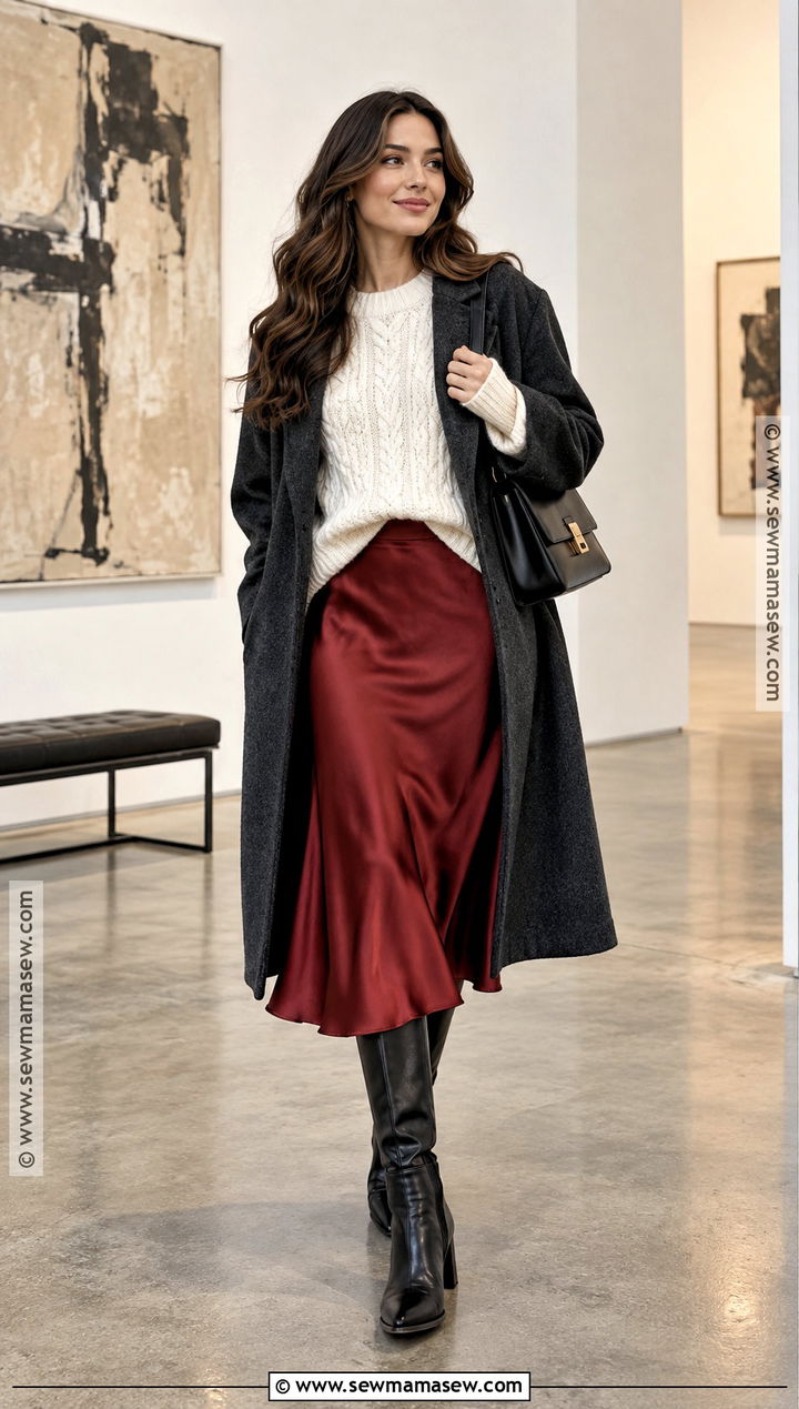 Red Satin Skirt and Chunky Sweater Fall Outfit - 15 red fall outfits aesthetic