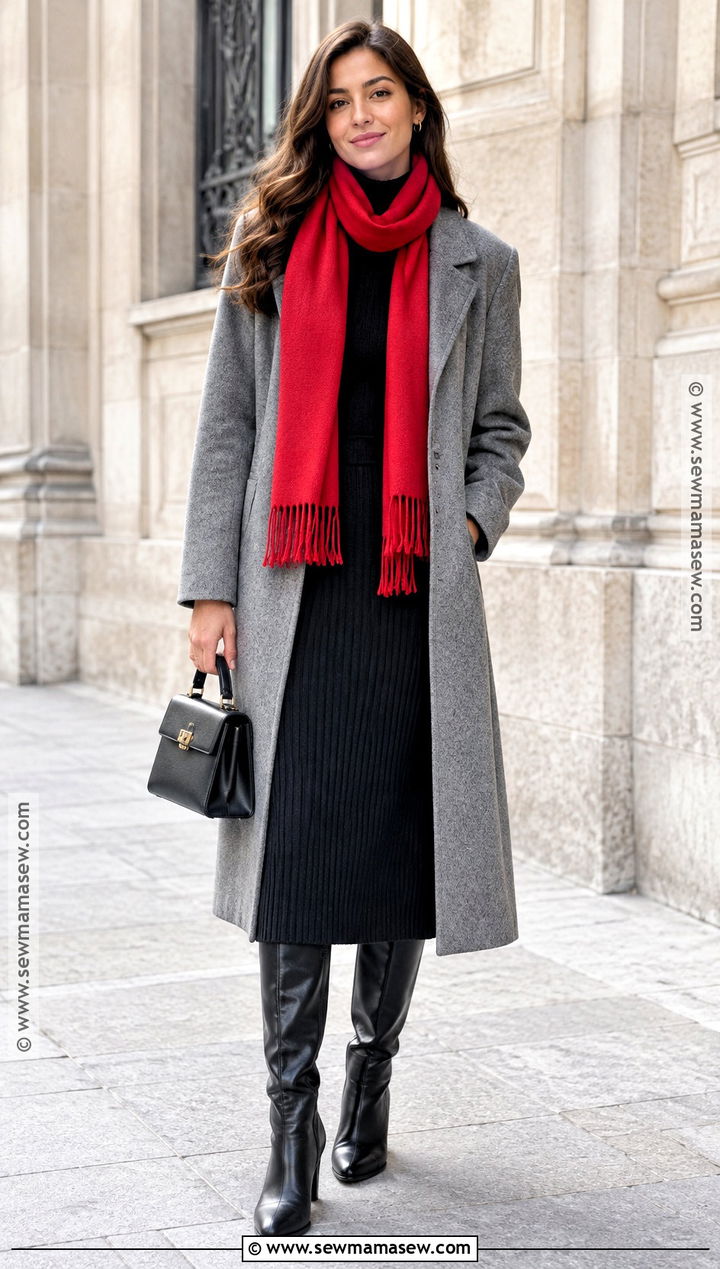 Red Scarf With Gray Coat And Black Dress - 25 autumn scarf ideas