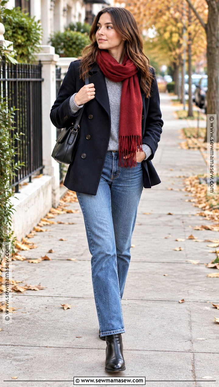 Red Scarf With Gray Sweater And Blue Jeans - 25 fall scarf outfit ideas