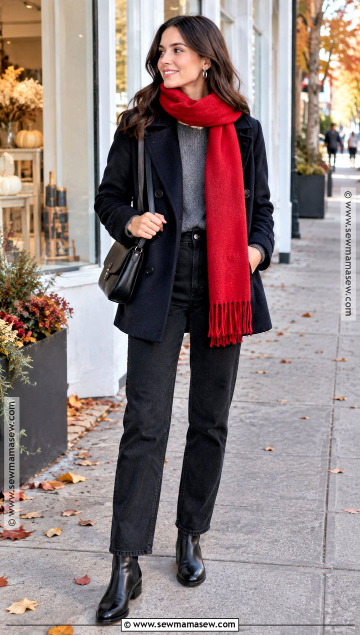 Red Scarf With Peacoat and Black Jeans - 20 Fall Outfits Scarf