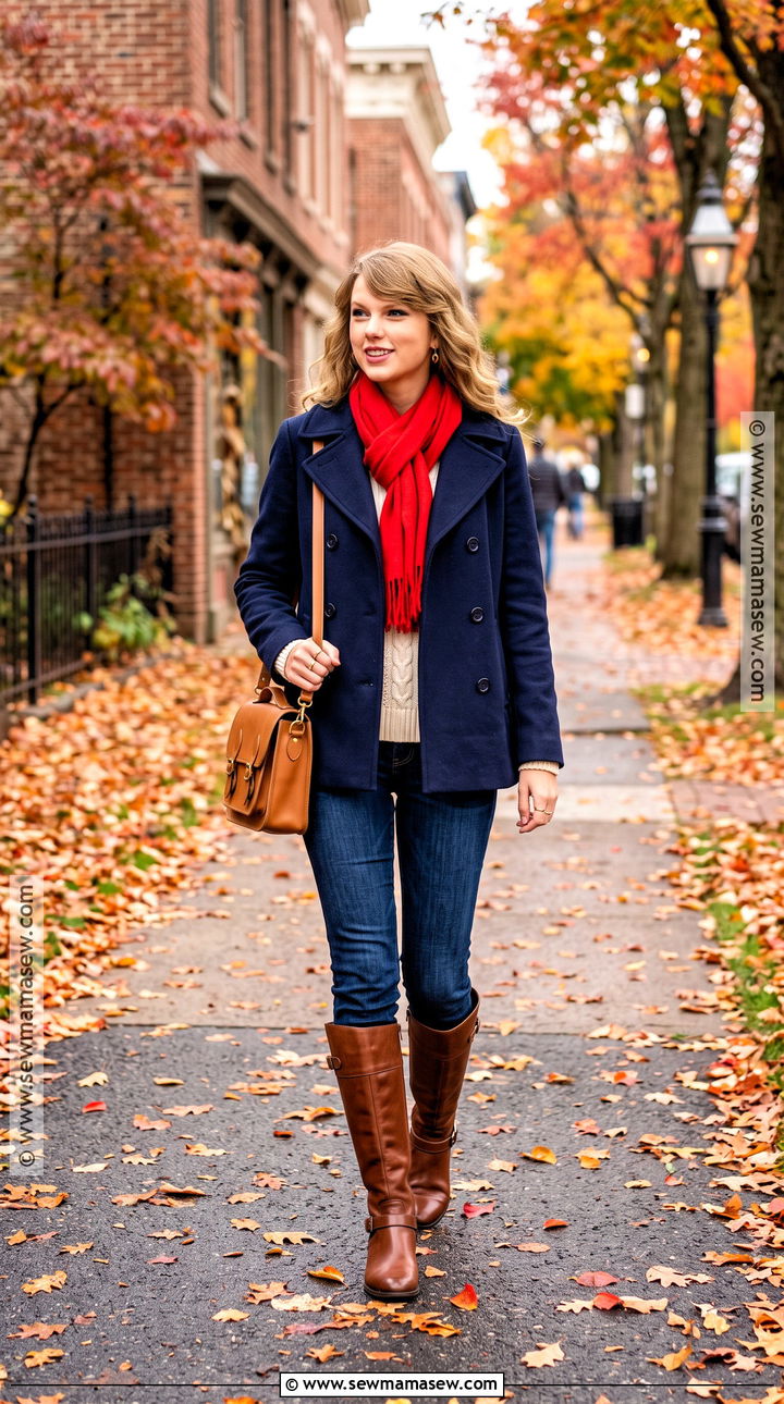 Red Scarf and Navy Peacoat - 20 Taylor Swift Fall Outfits