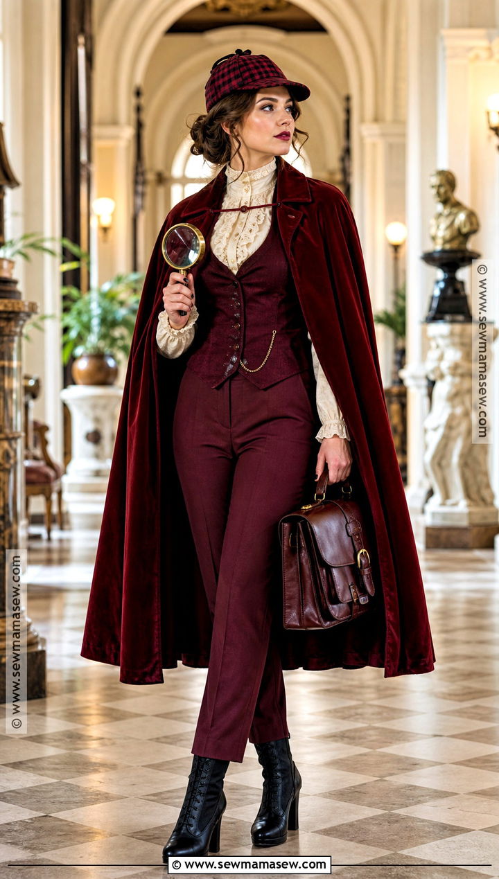Red Sherlock Holmes Costume With Velvet Cape - 30 Sherlock Holmes Costume Ideas for Women