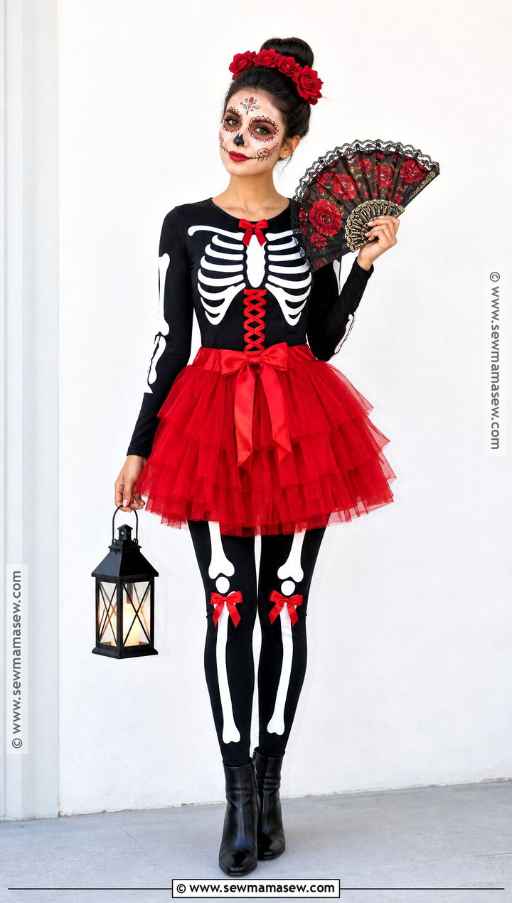 Red Skeleton Costume With Red Tulle Skirt - 30 Red Skirt Halloween Costume Ideas