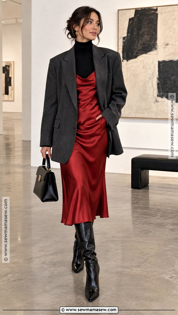 Red Slip Dress With Oversized Blazer - 20 Red Dress Fall Outfit Ideas