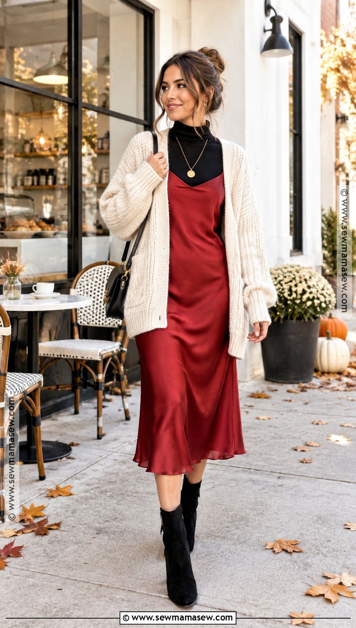 Red Slip Dress With Oversized Cardigan - 15 fall red dress outfit ideas