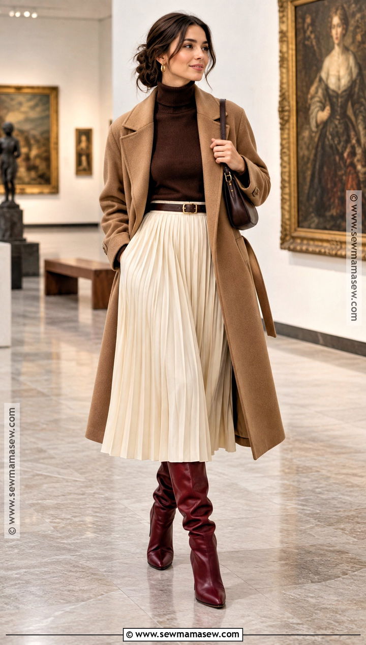 Red Slouchy Boots With Pleated Midi Skirt - 20 red boots outfit fall