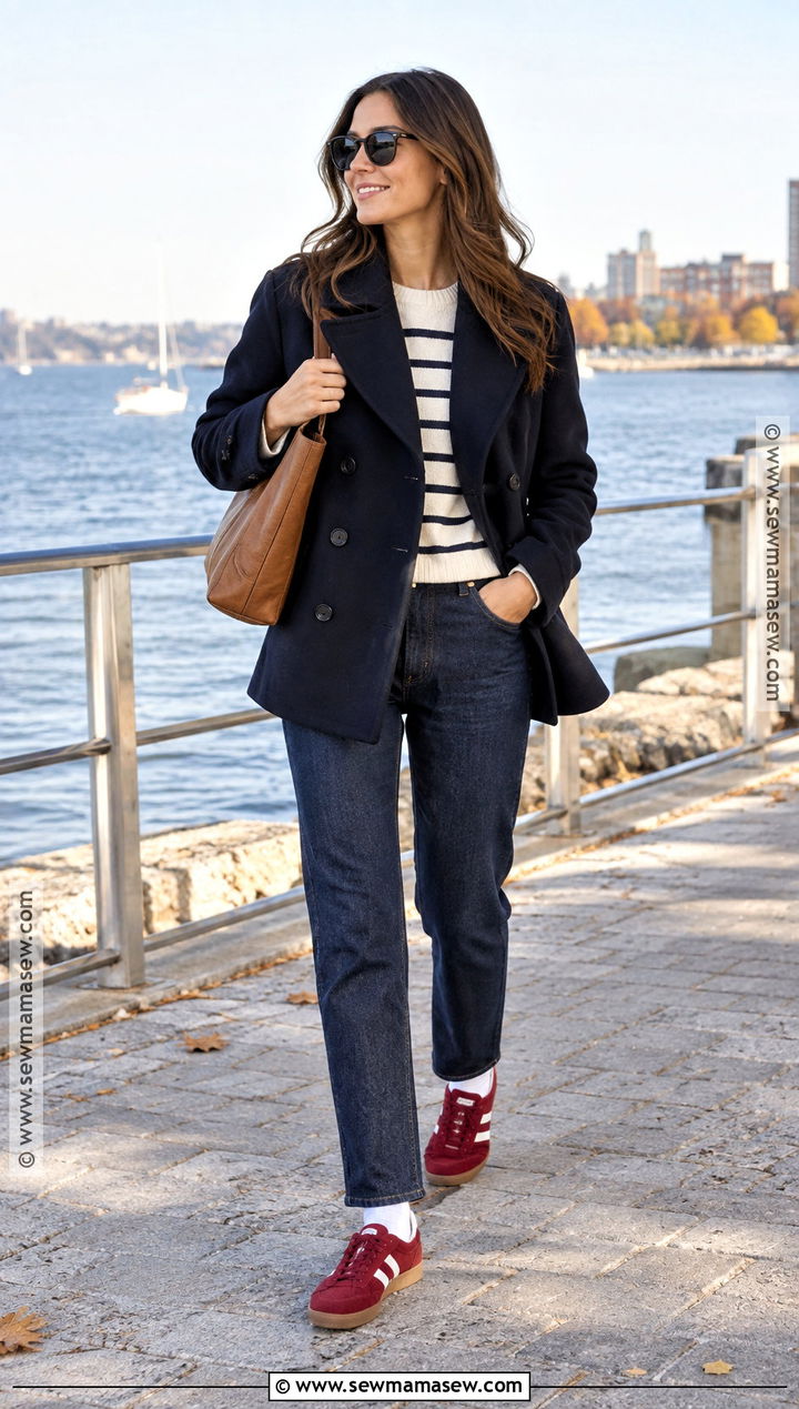Red Sneakers With Dark Jeans And Striped Sweater - 25 fall sneakers outfit