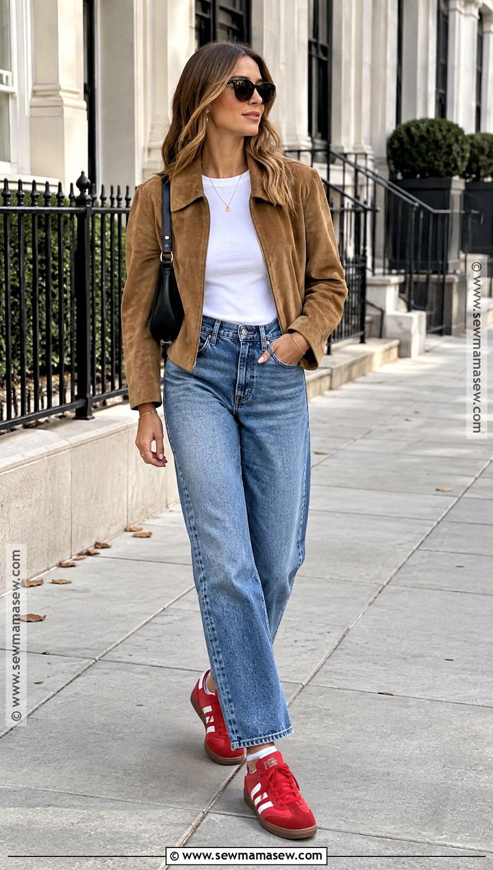 Red Sneakers With Neutral Denim And A Fall Jacket - 15 fall 2026 sneaker trends