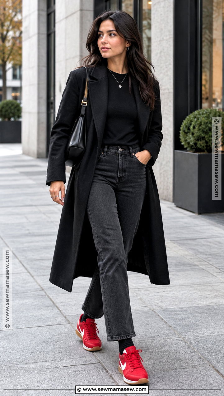 Red Sneakers With an All Black Outfit - 20 Fall Sneaker Outfits for Women