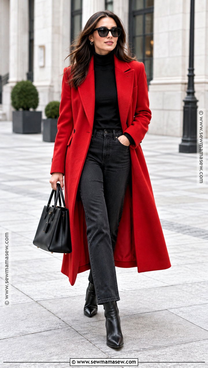 Red Statement Coat With An All Black Base - 20 fall coat outfits