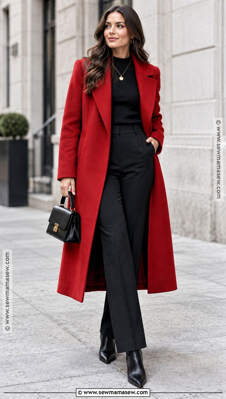 Red Statement Coat With Monochrome Basics - 15 autumn coat ideas for women 2026