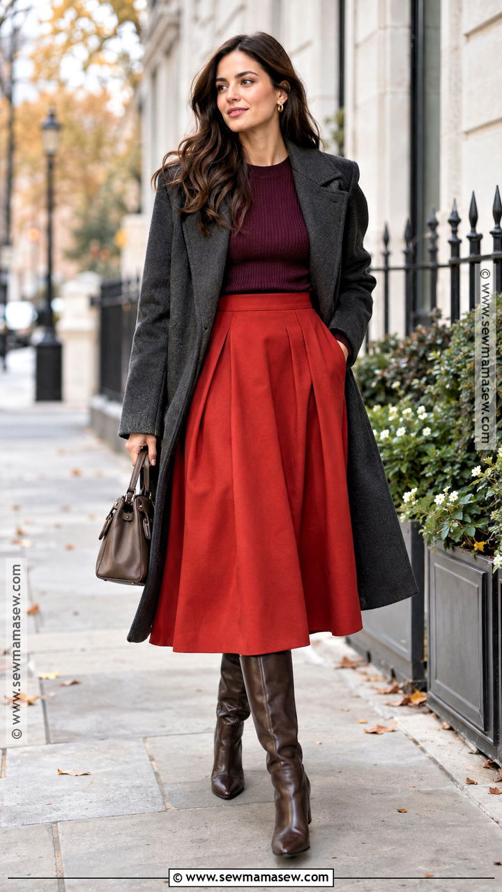Red Statement Skirt With Plum Knit Top - 20 fall fashion skirts