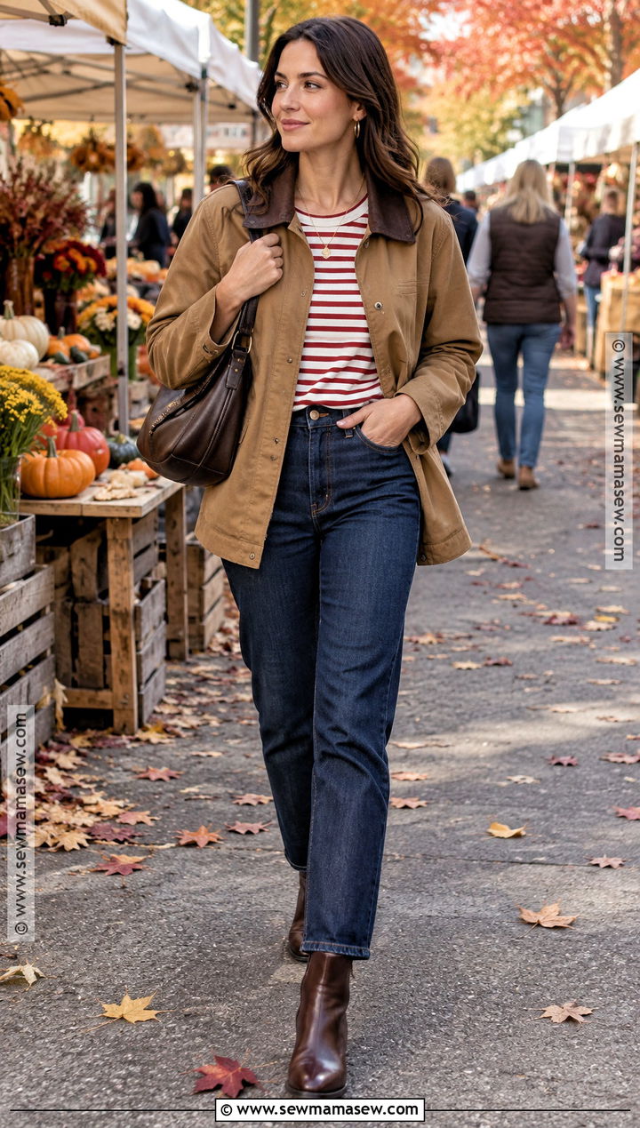 Red Striped Shirt With Dark Jeans And Barn Jacket - 15 autumn striped shirt ideas