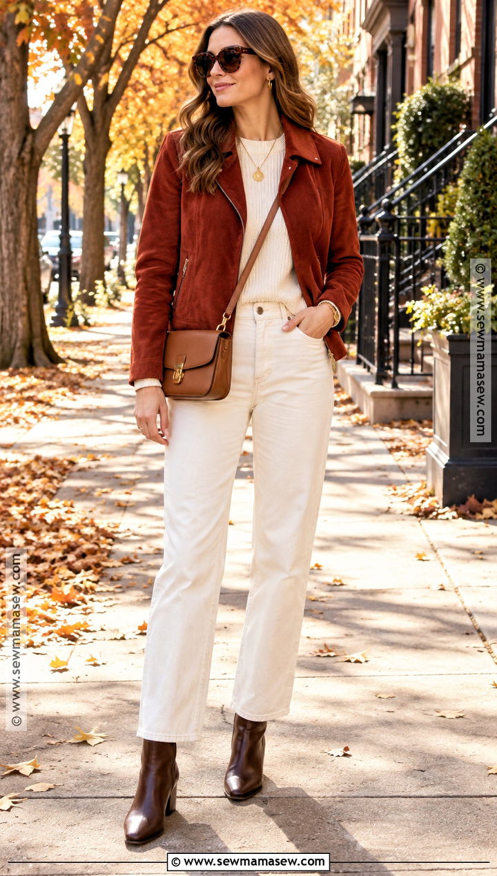 Red Suede Jacket With Cream Jeans - 15 red fall jacket ideas