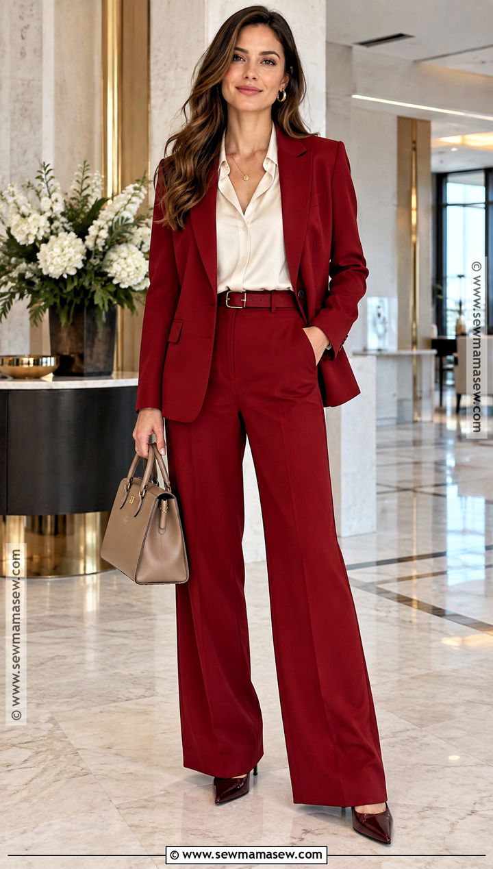 Red Suit and Neutral Top Fall Outfit - 15 red fall outfits aesthetic