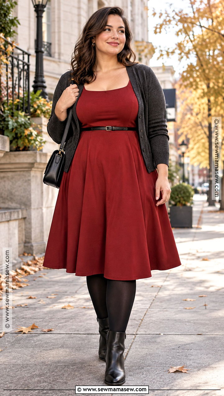 Red Sundress With Black Tights - 20 Fall Sundress Ideas