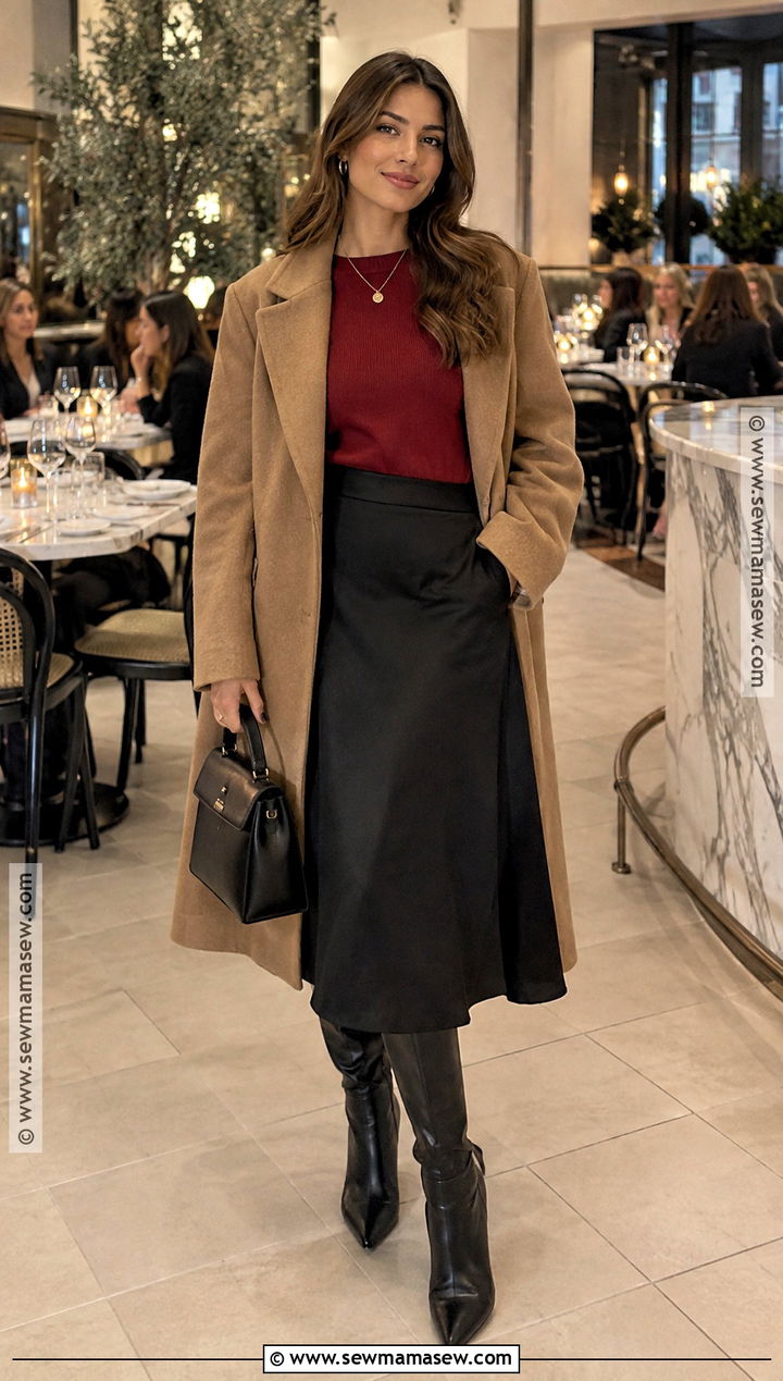 Red Sweater And Black Midi Skirt Dinner Outfit - 20 girls dinner outfit fall ideas