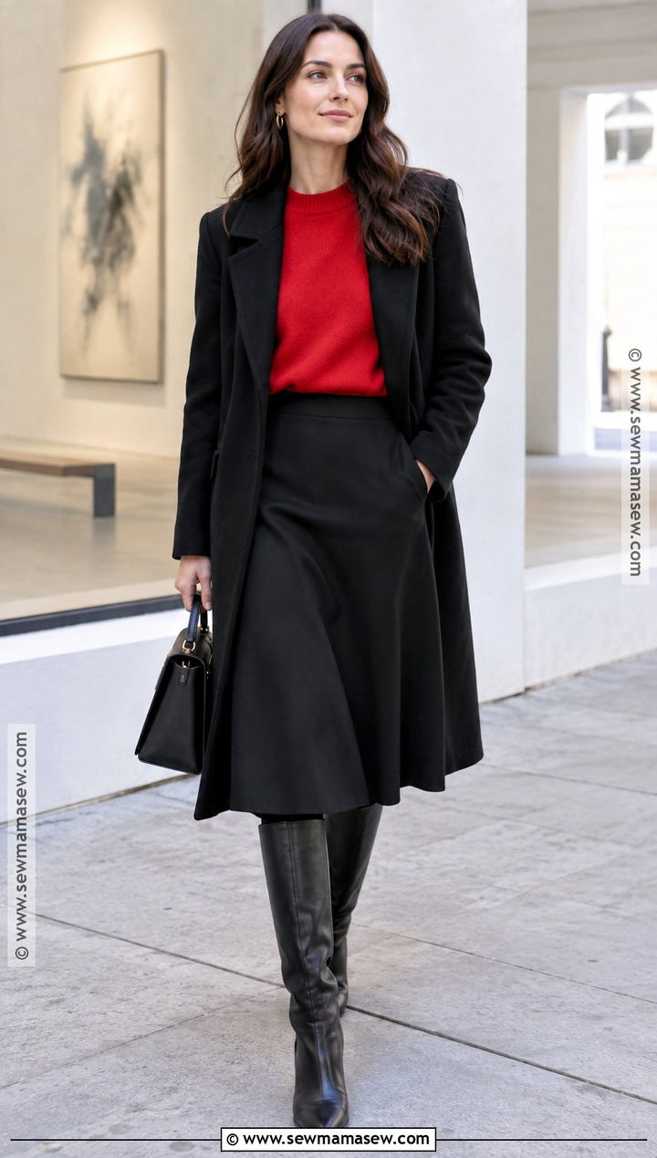 Red Sweater And Black Midi Skirt Outfit - 20 fall winter outfits 2026 trends