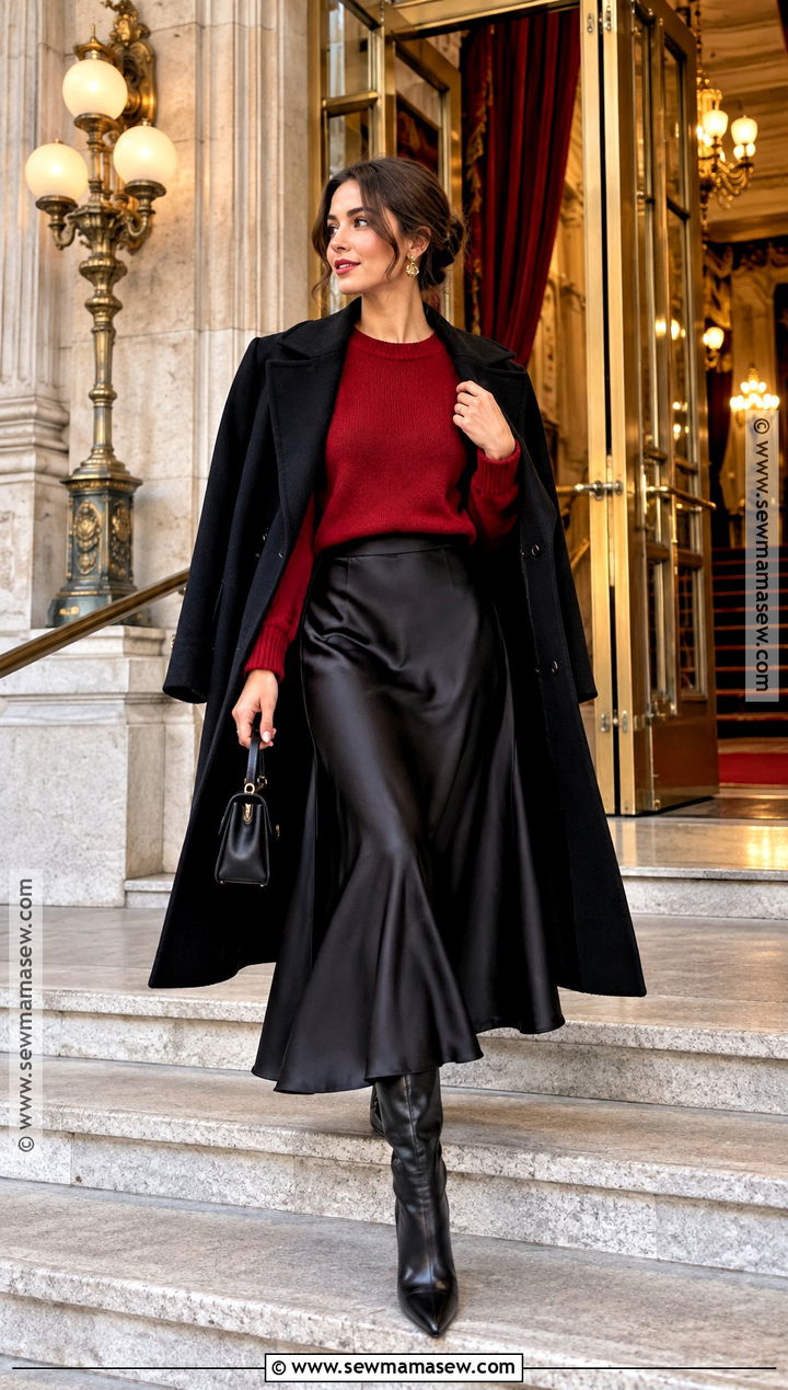 Red Sweater And Black Satin Skirt Fall Date Night Outfit - 25 date night fall outfits