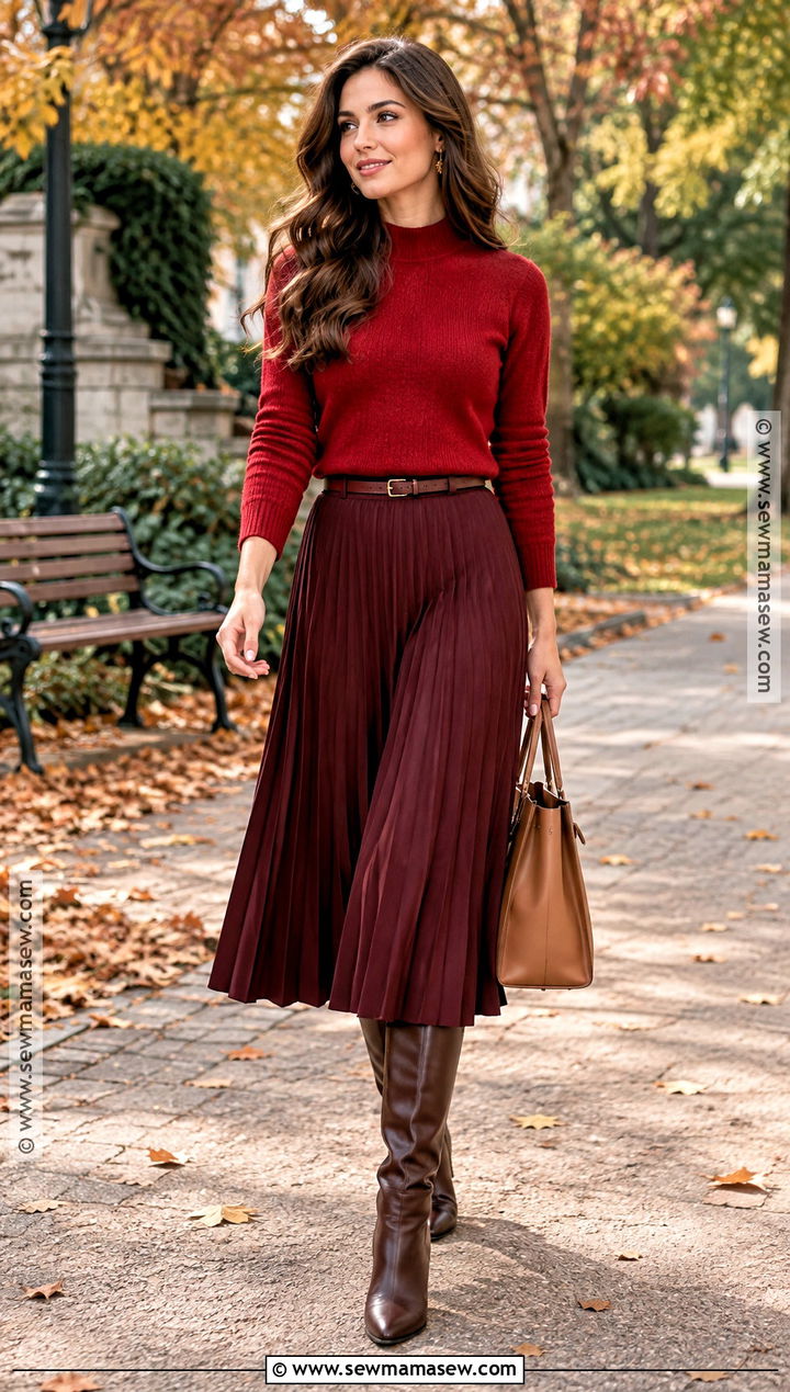 Red Sweater And Burgundy Midi Skirt Outfit - 15 Autumn Winter Fashion Collection Ideas