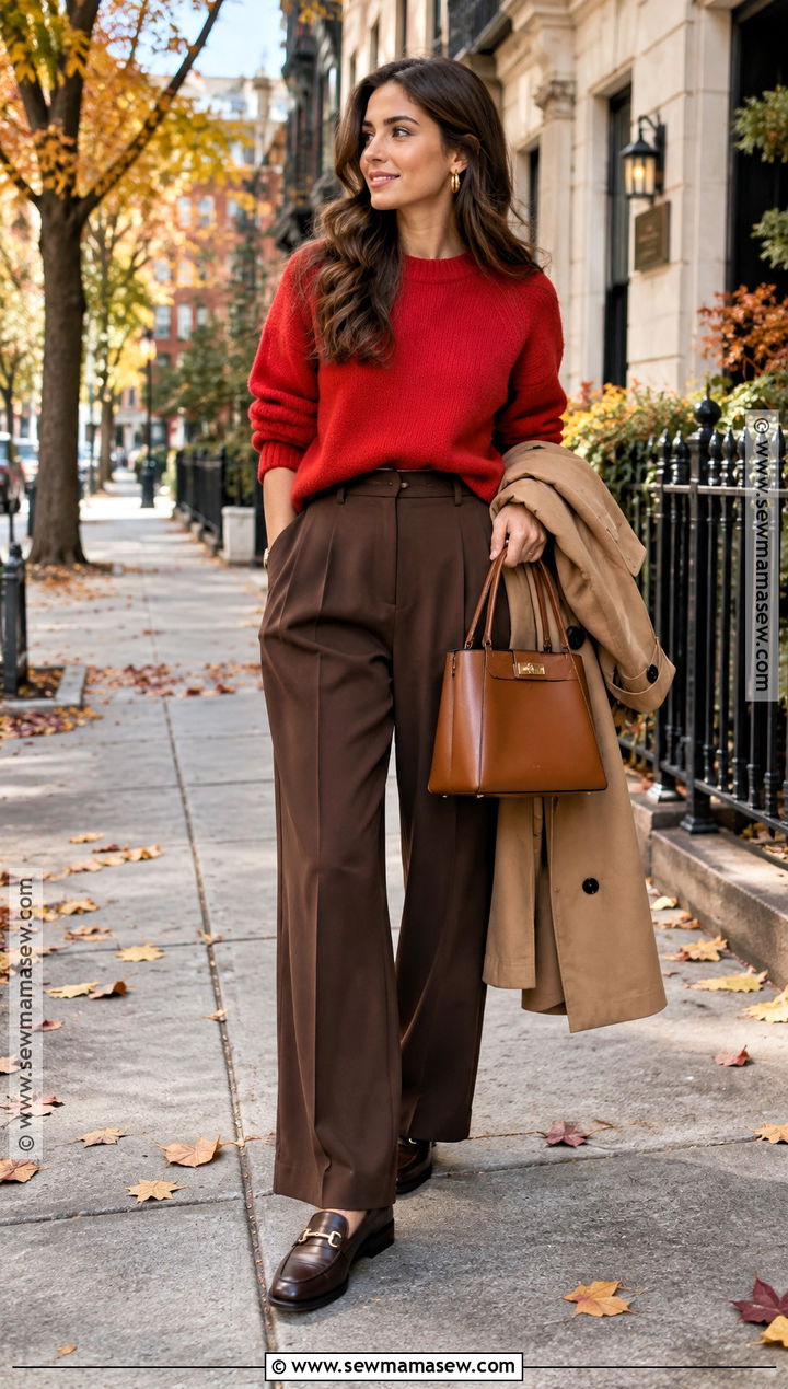 Red Sweater And Chocolate Brown Pants Outfit - 15 Colorful Fall Outfits 2026