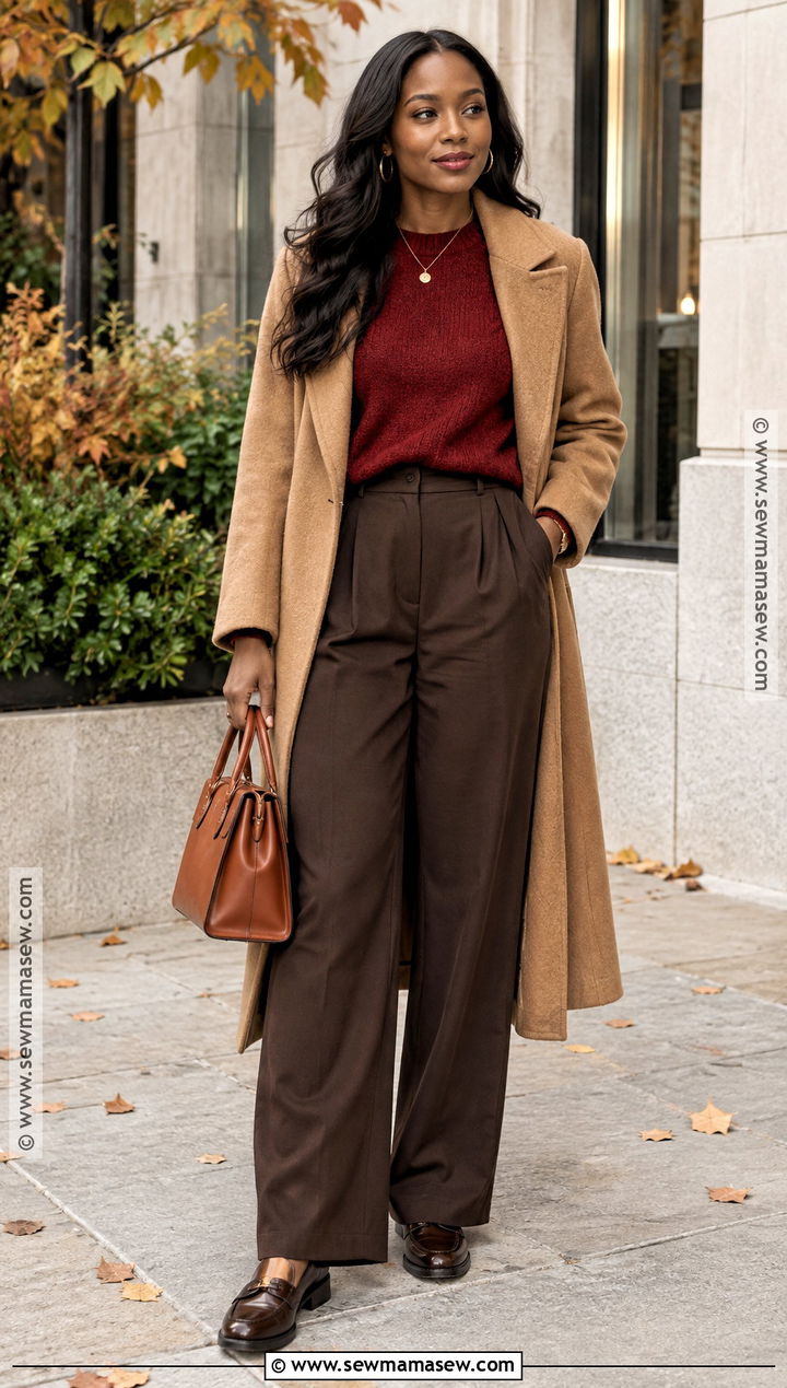 Red Sweater And Chocolate Trousers Fall Outfit - 25 trending fall outfits