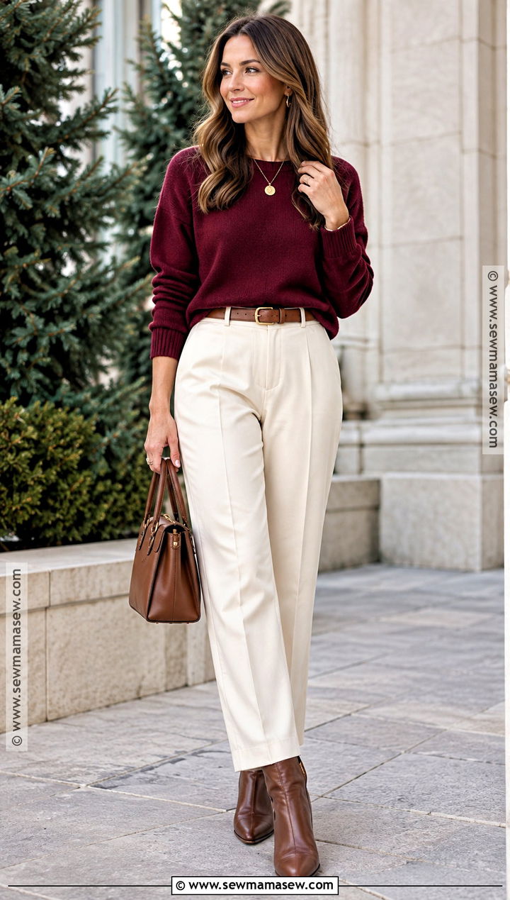 Red Sweater And Cream Pants Fall Photo Shoot Outfit - 30 fall photo shoot outfits