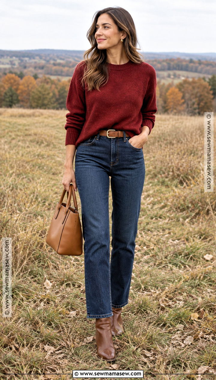 Red Sweater And Dark Denim Fall Picture Outfit - 25 fall picture outfits