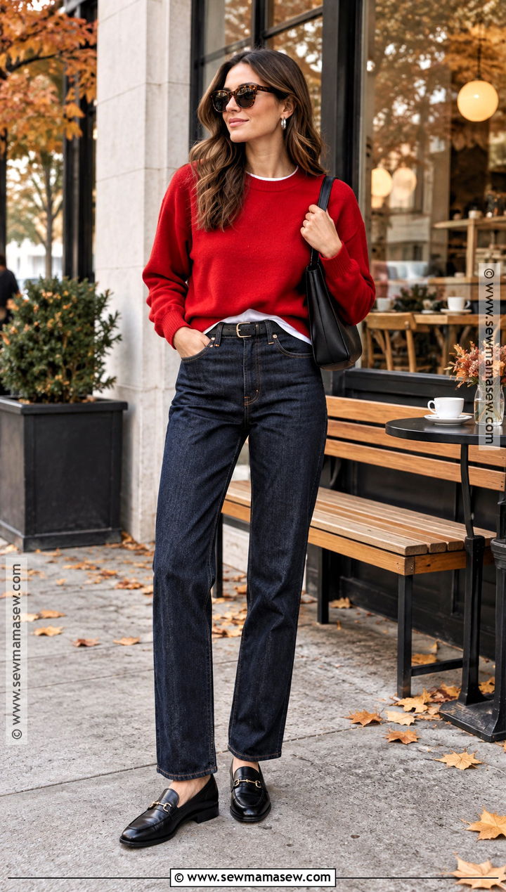 Red Sweater And Dark Jeans Fall Outfit - 20 it girl fall outfit ideas