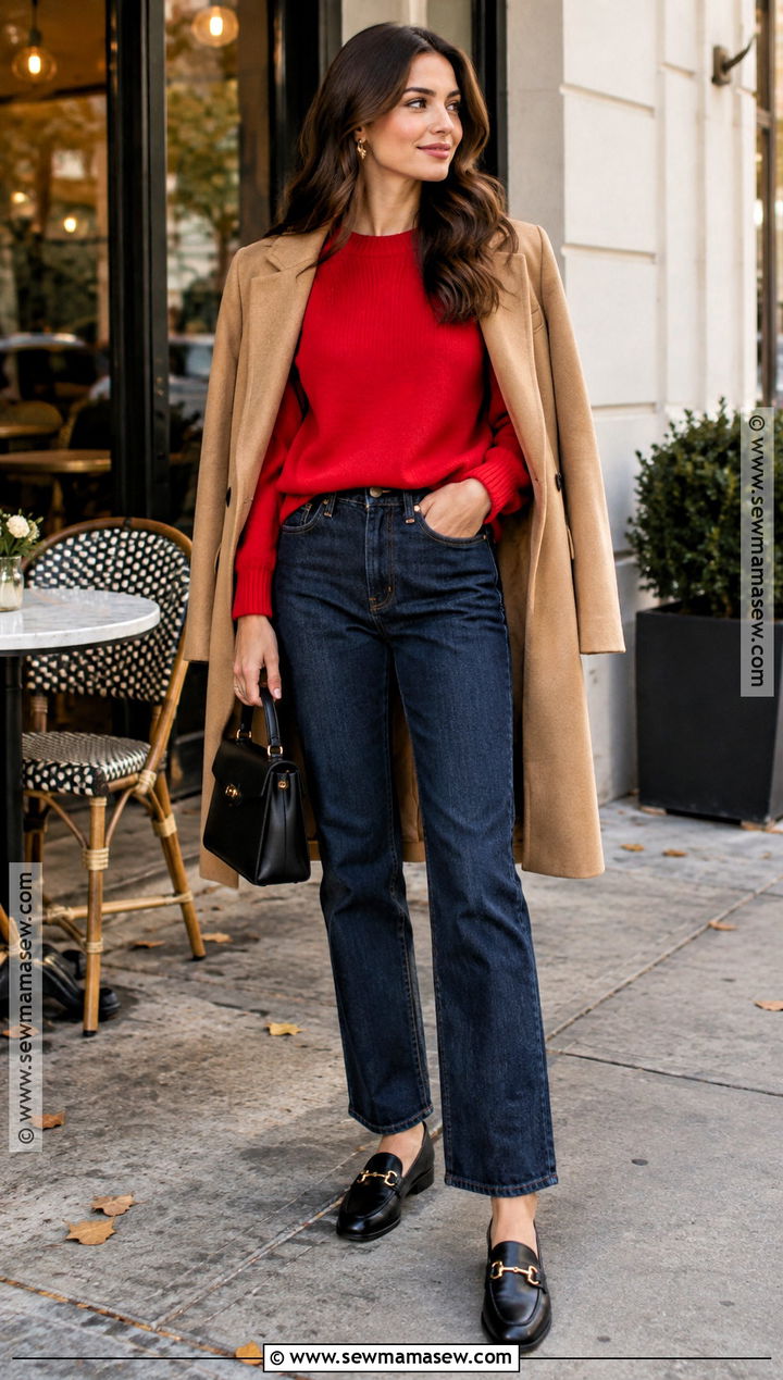 Red Sweater And Dark Jeans Fall Outfit - 25 cute fall fits