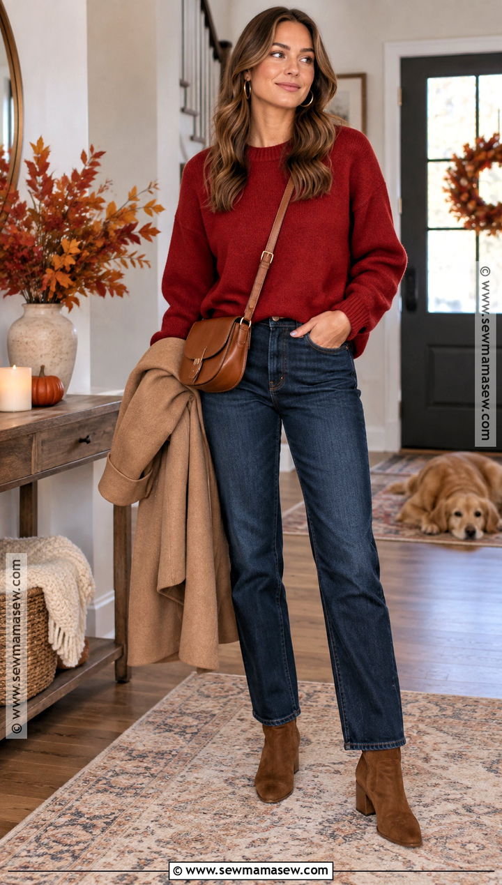 Red Sweater And Dark Wash Jeans Thanksgiving Outfit - 20 red thanksgiving outfit ideas