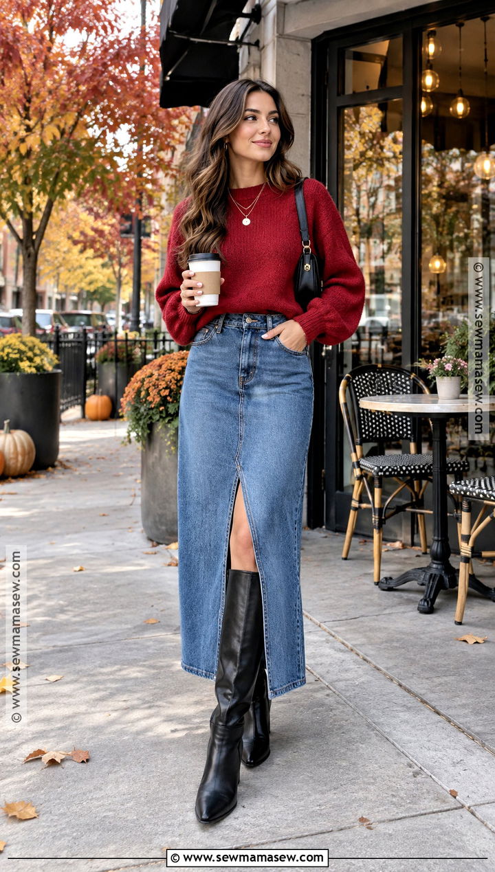 Red Sweater And Denim Maxi Skirt Autumn Outfit - 15 Autumn Outfits Aesthetic 2026