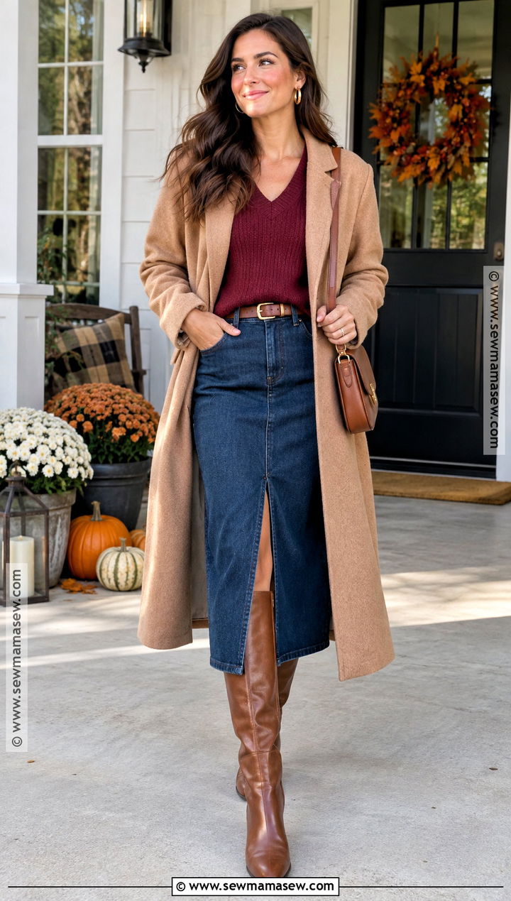 Red Sweater And Denim Skirt Thanksgiving Outfit - 20 red thanksgiving outfit ideas