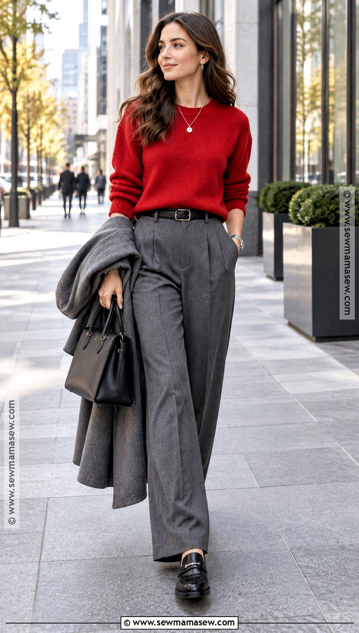 Red Sweater And Gray Trousers Autumn Outfit - 15 autumn outfits inspo 2026