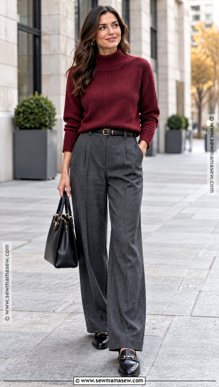 Red Sweater And Gray Trousers Autumn Outfit - 20 Outfit Ideas Autumn Aesthetic