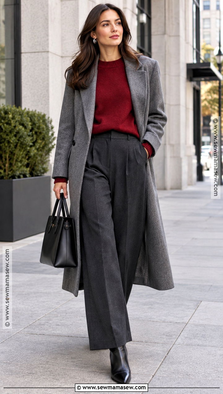 Red Sweater And Gray Trousers Autumn Outfit - 30 autumn outfits aesthetic