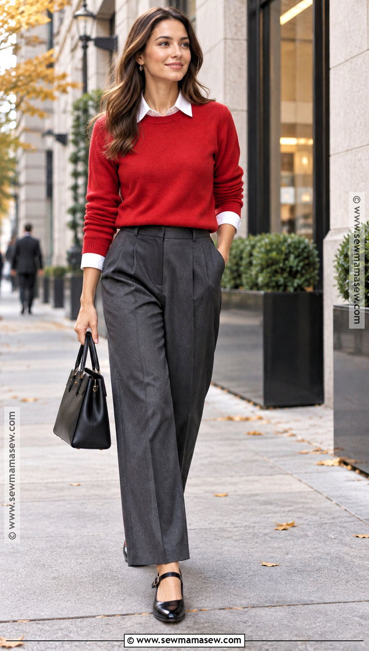 Red Sweater And Gray Trousers Autumn Work Outfit - 20 autumn workwear ideas