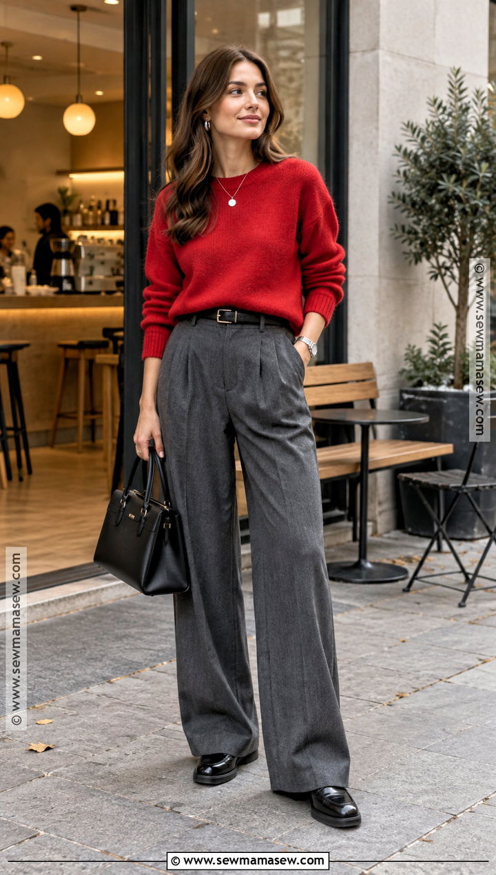 Red Sweater And Gray Trousers Outfit - 25 autumn lookbook ideas