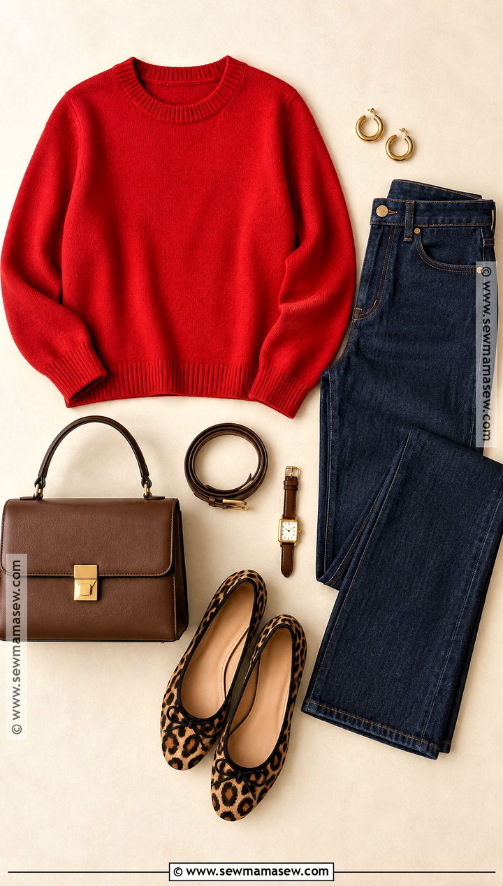 Red Sweater And Leopard Flats Flat Lay - 15 autumn fashion flat lay ideas