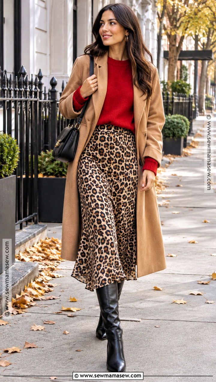 Red Sweater And Leopard Midi Skirt Fall Outfit - 20 punchy fall outfits