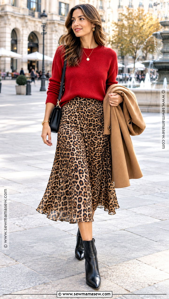 Red Sweater And Leopard Skirt Fall Outfit - 20 fall outfit inspo 2026 aesthetic ideas